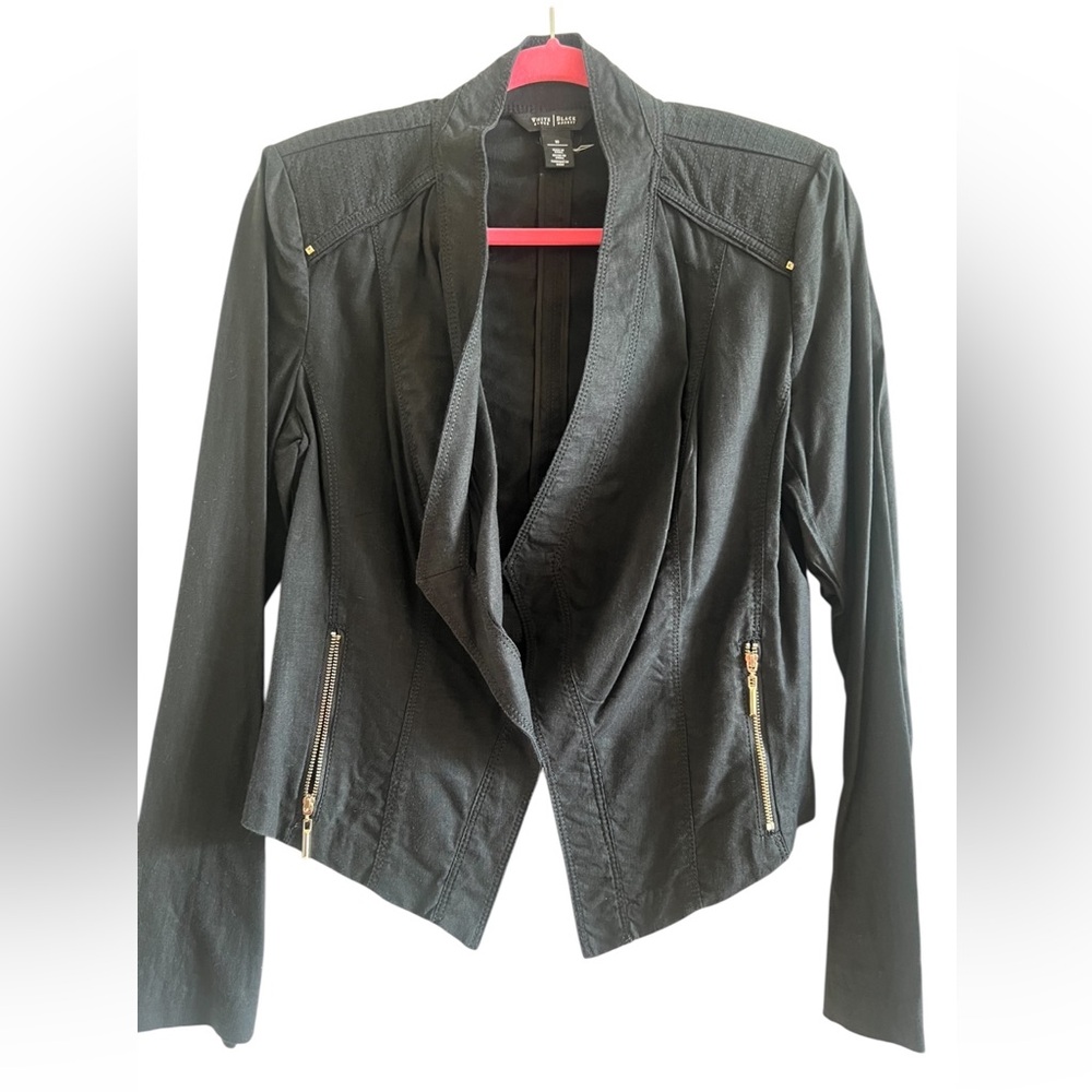 Linen/Rayon Blend White House Black Market Black Jacket with Gold Zippers